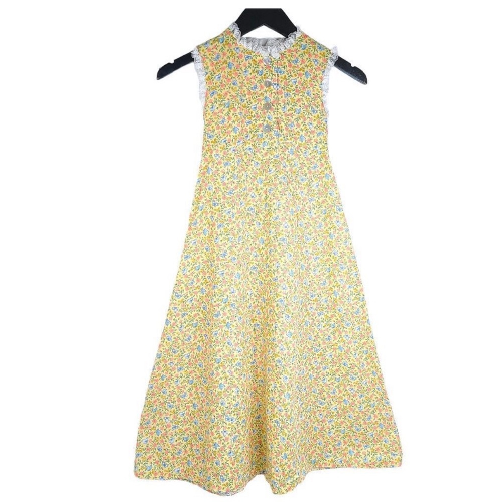 VIntage Yellow Blue Lace Floral High Neck Cottagecore MADE BY GRANDMA Dress
